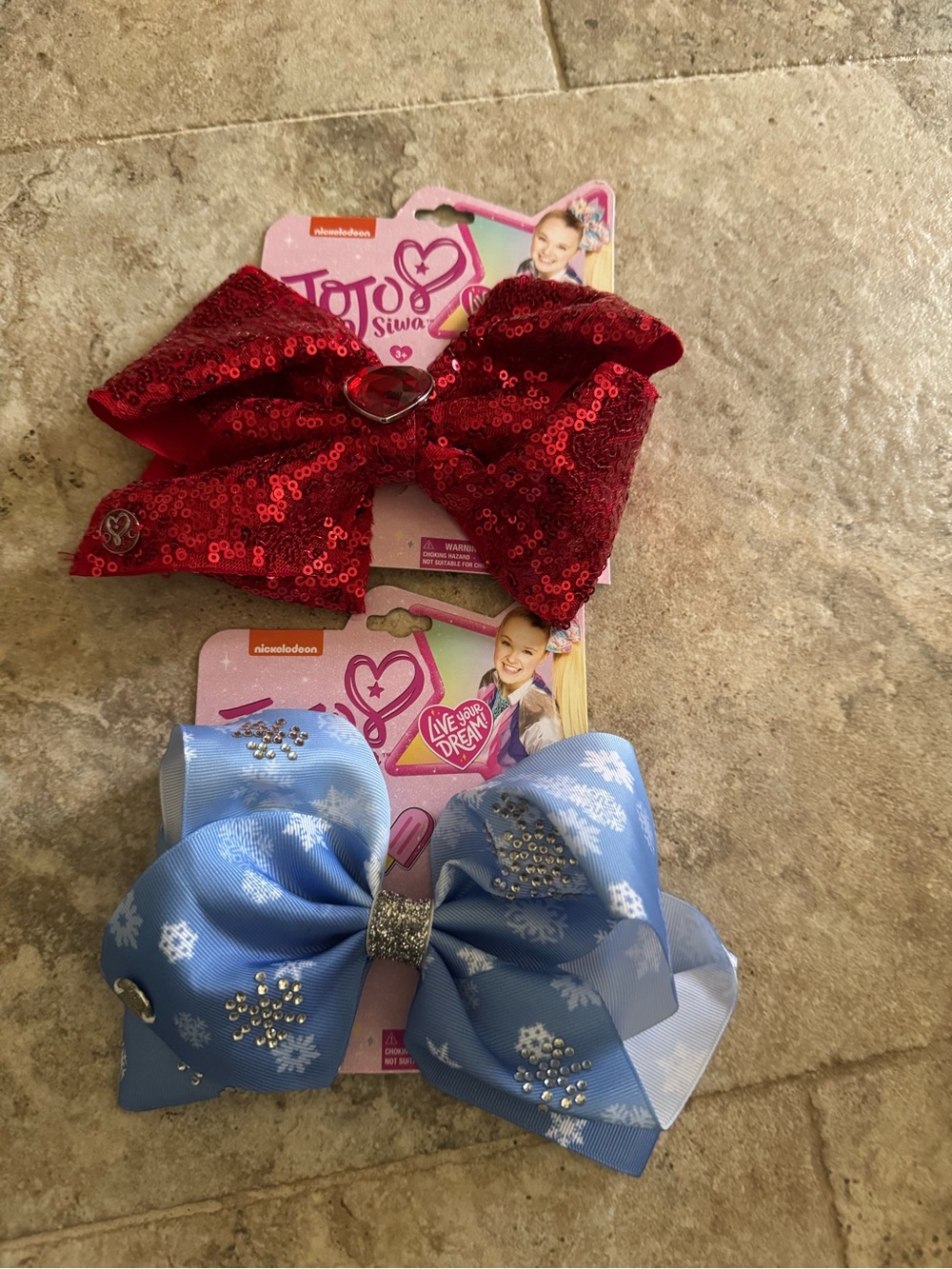 New 2 JoJo Siwa bows Red Sequin & Blue Snowflake rhinestones cheer bow clip